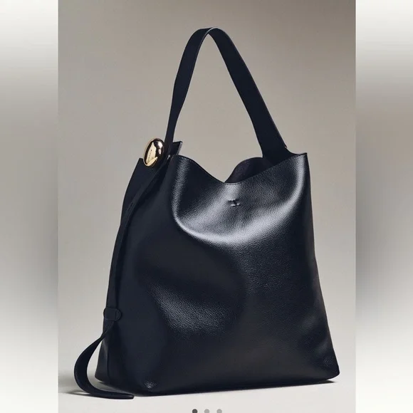 Anthropologie Slouchy Faux-Leather Tote NWOT Black Gold Knob - Picture 4 of 11